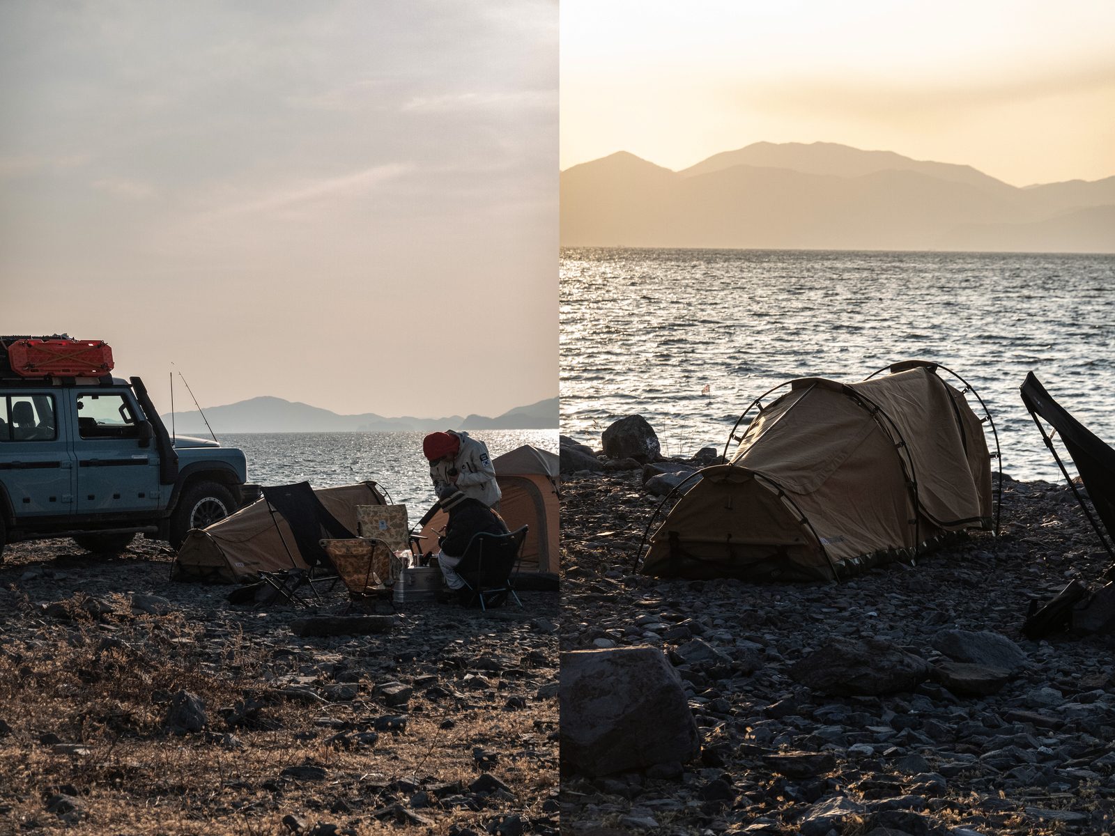 Tent line beside off-road vehicles